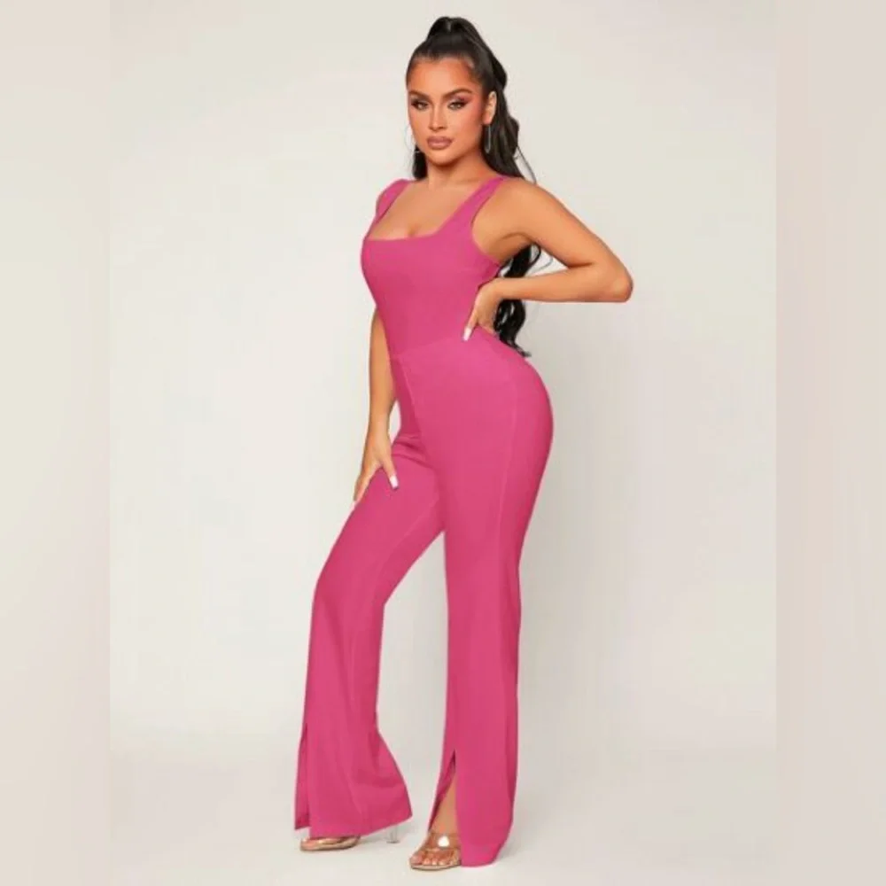 Shein Fuchsia Hot Pink‎ Slit Hem Flare Legged Stretch Sexy Jumpsuit Large 8 10